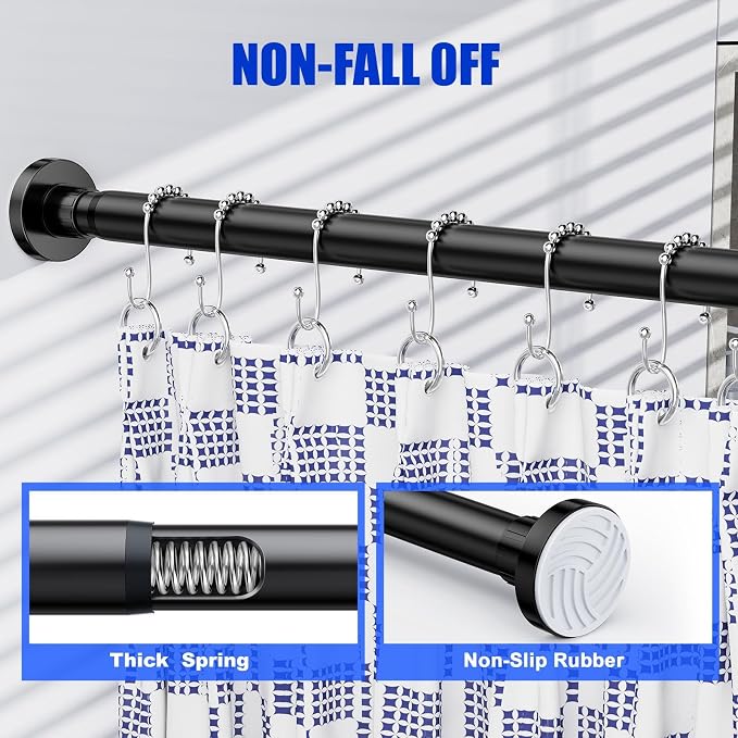 Ausemku Shower Curtain Rod 32-104 Inch Adjustable - Heavy Duty No drill Spring Tension Shower Rod, Non-Slip Rustproof Telescopic Rod for Bathroom, Black