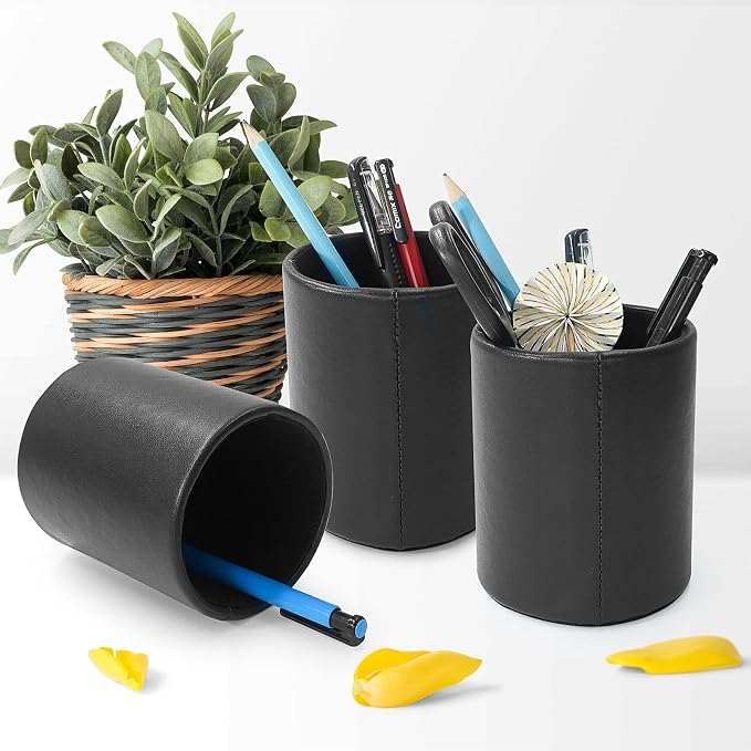 DreamsEden Pencil Holder, Leather Pen Cup for Desk (Round, Black)
