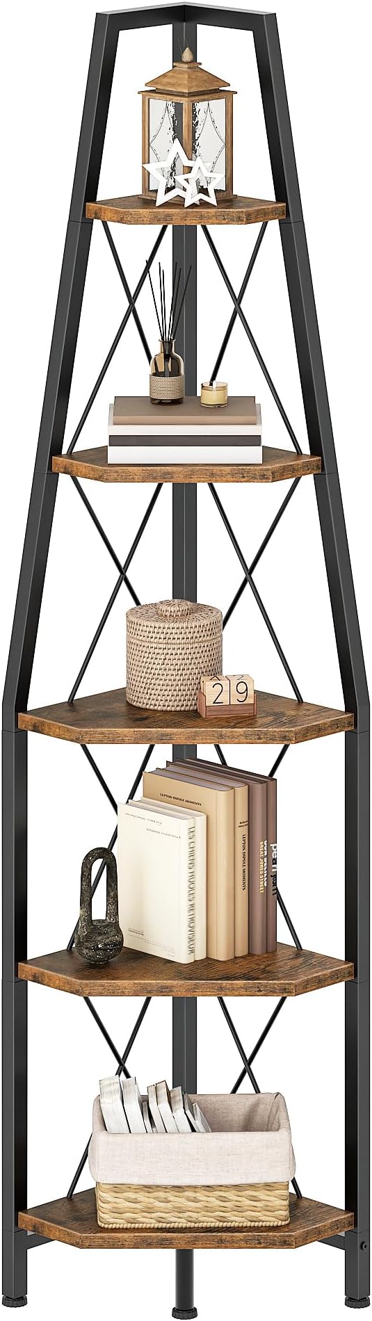 CHOEZON 5-Tier Corner Shelf, Corner Bookshelf, Ladder Shelf, Floor Standing Storage Rack, Open Display Stand, Plant Stand, for Living Room, Bedroom, Study, Bathroom, Rustic Brown and Black TCJ22BF