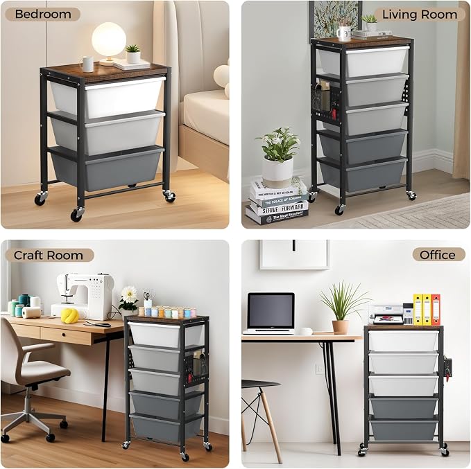 Rolling Cart with 4 Drawers, Plastic Drawer Storage Carts with Wheels & Wooden Tabletop, Metal Utility Cart with Pegboards, Office Living Room Classroom Craft Organization and Storage, Dark Grey