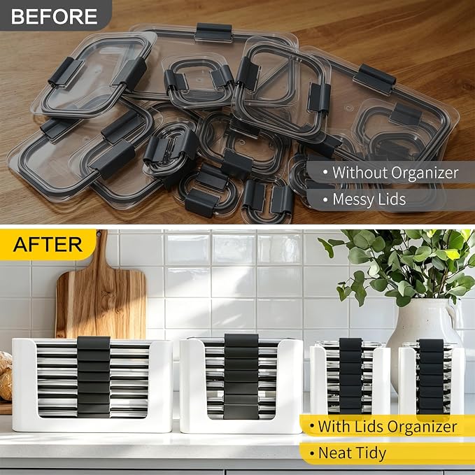 Food Storage Container Lids Organizer for Rubbermaid Brilliance Nap-On Lids,Stackable Food Storage Container Lid Organizer -- Fits 0.5, 1.3, 3.2, 4.7 & 9.6 Cups -- Holds 32 Lids (White,4-Piece Bundle)