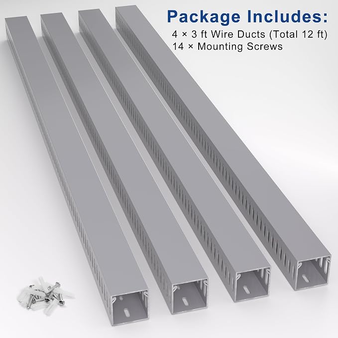 1.6"H x 1.6"W Cable Raceway, 12ft Under Desk Wire Management Channel, Black | Slotted Wire Duct, 4 Pack (3 ft Each), Heavy-Duty PVC Cable Management for Server Racks, Network Cables & Electrical Cabinets