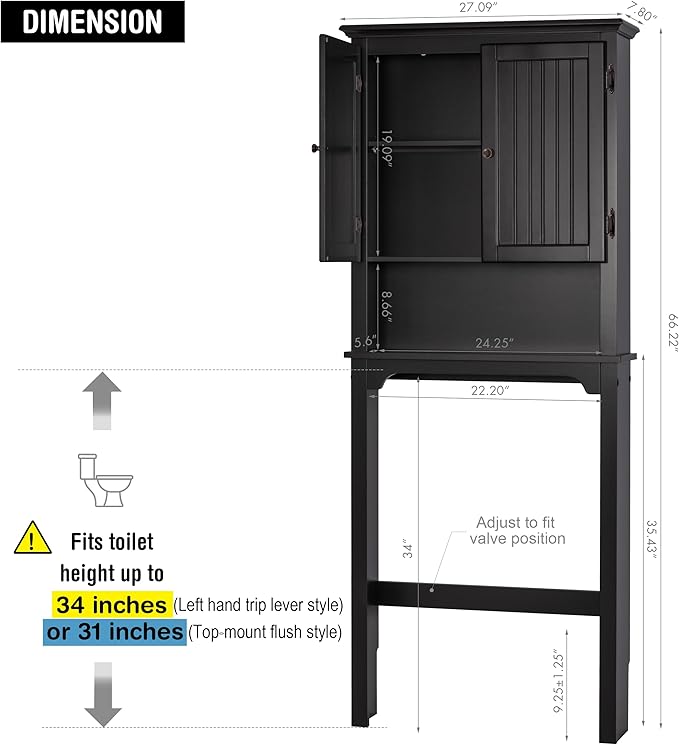UTEX Above Toilet Storage Cabinet, Bathroom Organizer with Doors, Espresso | FSC-Certified MDF, Bathroom Space Saver with Adjustable Shelves, Beadboard Doors, Anti-Tip Bracket, Adjustable Bottom Rail