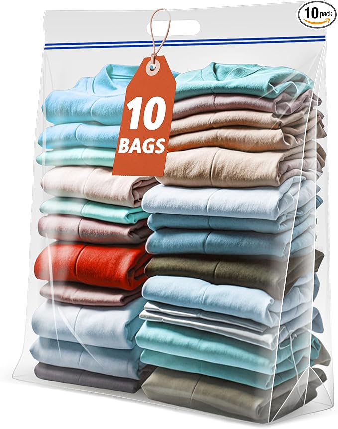 Jumbo Heavy Duty Plastic Storage Extra Large Bags, 25 Gallon 3.5 Mil Thick Clear Zipper Bags with Handles for Home, Travel and Moving 35" x 24", 10 packs