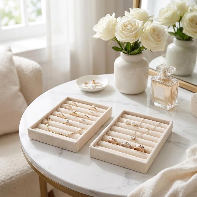 Small Jewelry Tray Set Velvet Ring Organizer Mini Jewelry Drawer Organizer Stackable Jewelrys Organizers Earrings Display Tray Storage Insert Holder for Box Drawer Dresser (Modern)