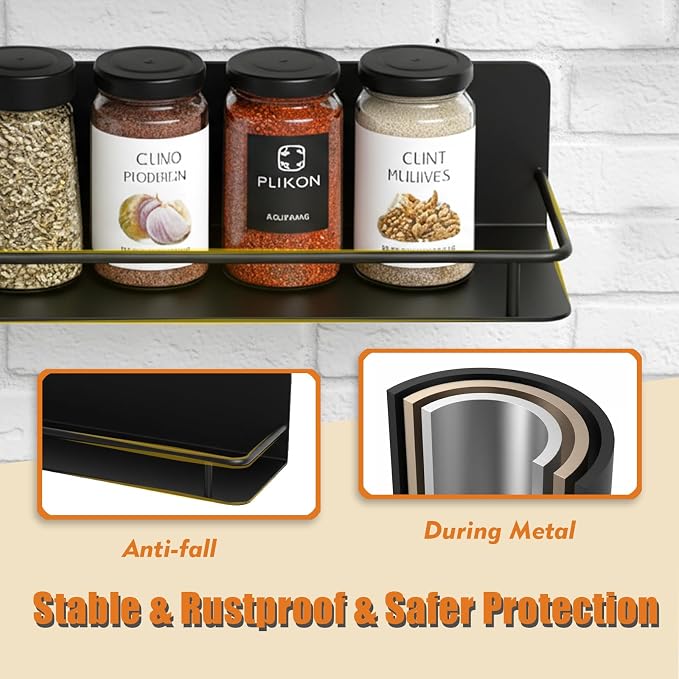 RECAPS Spice Rack Wall Mount 4 Pack, Black Metal | Space-Saving Spice Organizer, Adhesive Hanging Spice Rack, Seasoning Organizer for Wall Kitchen, Cabinet or Pantry Door