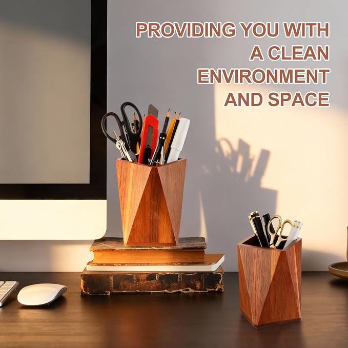 Henoyso 2 Pcs Wood Pen Pencil Holder Geometric Pencil Cup Stand Makeup Organizer for Pen Holder Desk Home Office Adults (Acacia Wood)