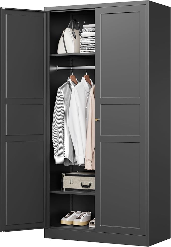 MIIIKO Wardrobe Closet with 2 Doors, 72" Metal Wardrobe Cabinet with Hanging Rod, Bedroom Armoires Laundry Room and Office Clothes Storage Organizer Cabinets Black