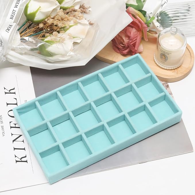 Velvet Jewelry Trays for Drawers, Blue Stackable Jewelry Drawer Organizer Inserts, Ring Earring Necklace Bracelet Holder Organizer Storage Display Tray with Removable Dividers, 18 Grids