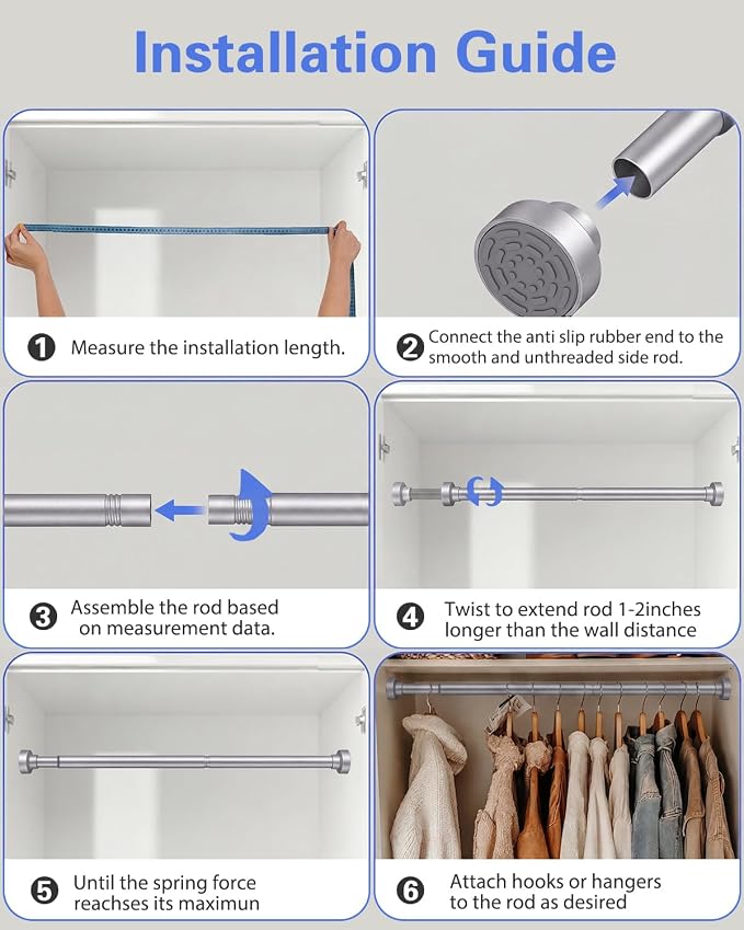 Closet Rod, No Drill Tension Closet Rod for Hanging Clothes, 17-99in,Silver | Quick Tool-Free Install, Non-Slip Rubber Ends Grip Securely, Heavy-Duty Rod Supports Up To 66 lb In Closet, Laundry Rooms, RV