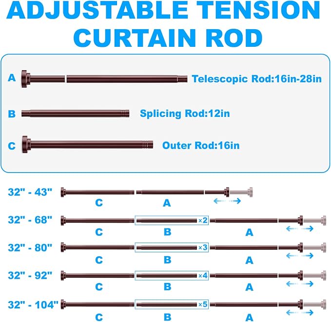 TEECK Shower Curtain Rod, 32-92 inch Adjustable Spring Tension Curtain Rod, Never Rust Anti-Slip Shower Curtain Rod for Bathroom, No Drilling, Never Collapse, Easy to Use, Brown