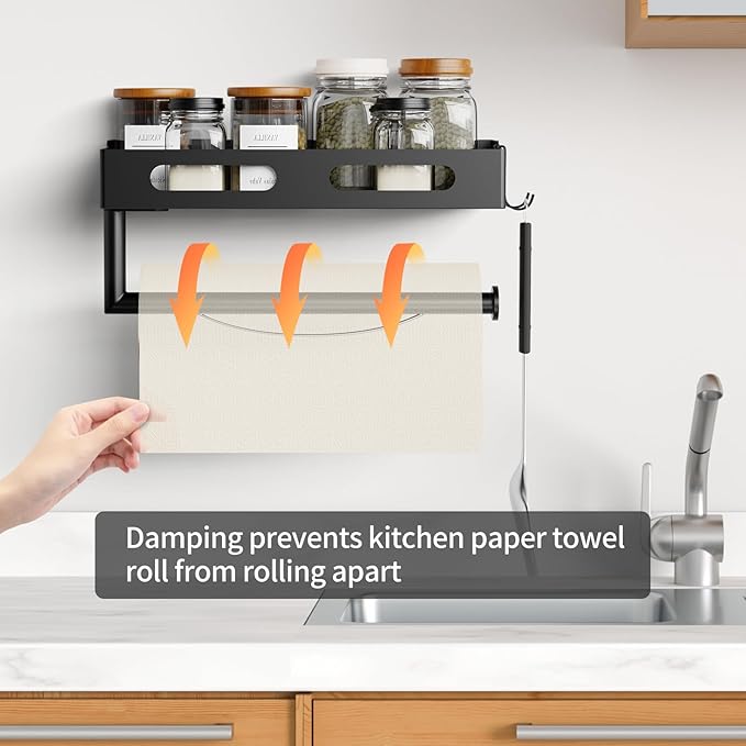 Paper Towel Holder Wall Mount for Kitchen, Paper Towel Holder with Shelf for Bathroom, RV Paper Towel Rack, Spice Rack with 2 Hooks,Matte Black