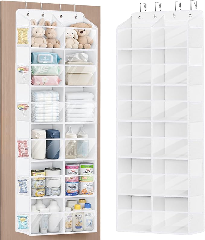 Univivi Over the Door Organizer, 6 Tiers Large Behind Door Storage, White | Large Capacity, 12 Clear Compartments, 12 Side Pockets, Door Hanging Organizer for Closet, Bedroom, Nursery, Sundries