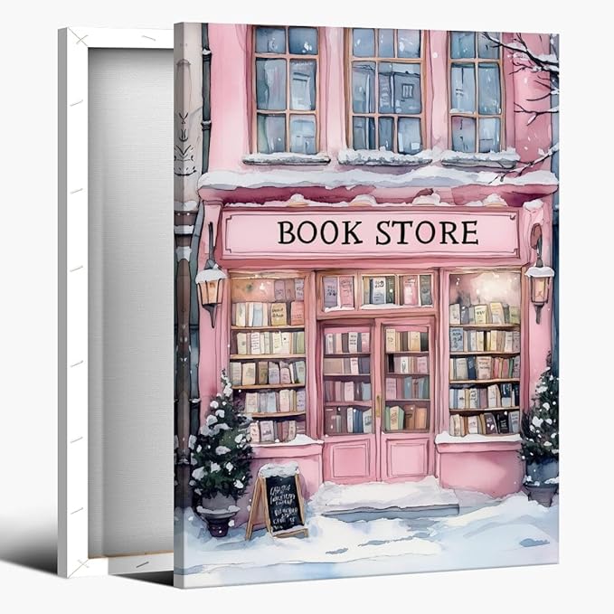 Winter Bookshop Snowy Art Aesthetic Poster Canvas Wall Art Decoration Living Room Home Decor Bedroom Decoration Poster Framed8x12inch