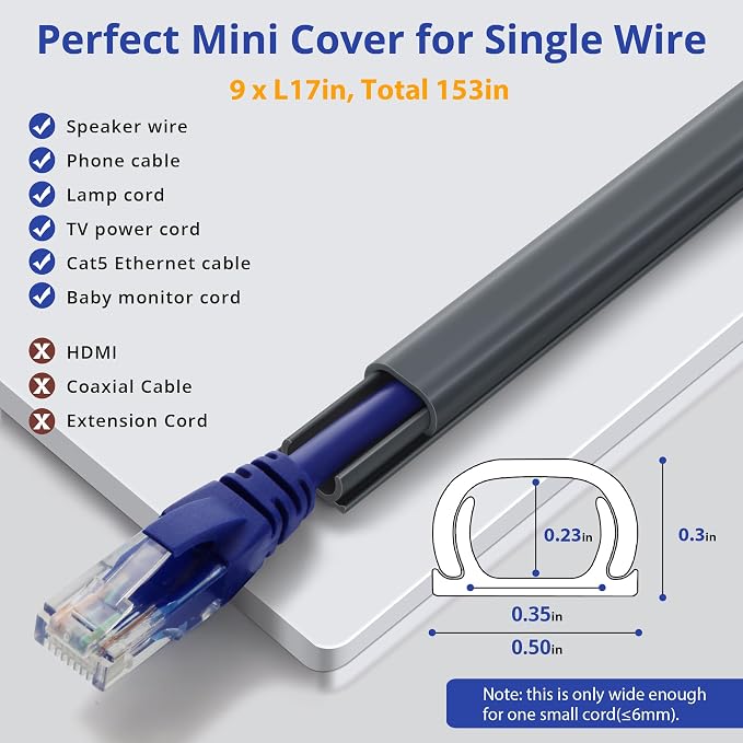 One Cord Cover Wall 153in(9X L17in) - Mini Wire Hider, Wire Cover for Hiding Speaker Wire, Baby Monitor Cord - Paintable Wire Channel for Cable Concealer, W0.5in H0.3in, CMR05 Grey