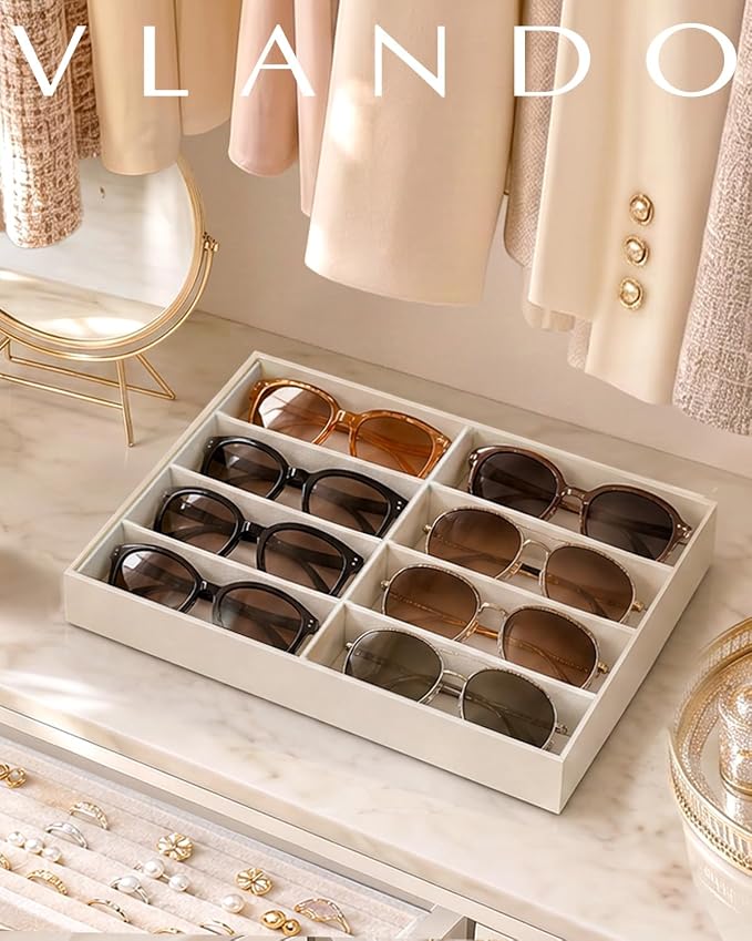 VLANDO Sunglasses Organizer,Stackable Jewelry Tray for Glasses,Toffee | Removable Dividers, Soft Velvet Lining, Drawer Organizer for Glasses, Watches, Vanity Display, Gift for Women Girl