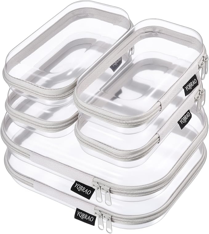 6 Pack Gray Clear Hard Shell Beauty Organizer (2M+4S), 1.2mm Heavy Duty Crush-Proof Cosmetic Case, Reinforced YKK Zippers, Stadium Approved Security Bag for Skincare & Electronics, Multi-Size Set