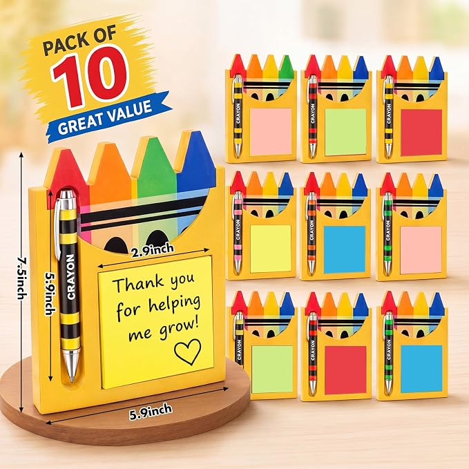 Kosiz 10 Set Back to School Teacher Appreciation Gift Bulk Crayons Wooden Sticky Note Holder with Note and Ballpoint Pen Crayons Party Favor for Back to School Classroom Teacher Gift