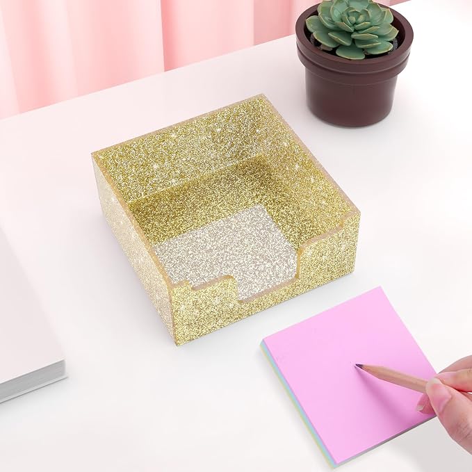 Rouidr Acrylic Sticky Note Holder, Self Stick Note Pad Holder, Gold | 3.94 x 3.94 Inch Glitter Memo Pad Dispenser Organizer for School Office Home Desk Supplies