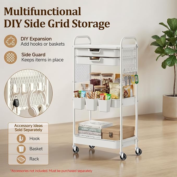 3 Tier Rolling Cart with 2 Drawers, Metal Utility Storage Carts with Wheels | Kitchen Rolling Cart 4.5" Deep Basket, Mesh Side Panel with 3 Cups, 4 Hooks for Office, Bedside, Craft Storage Cart