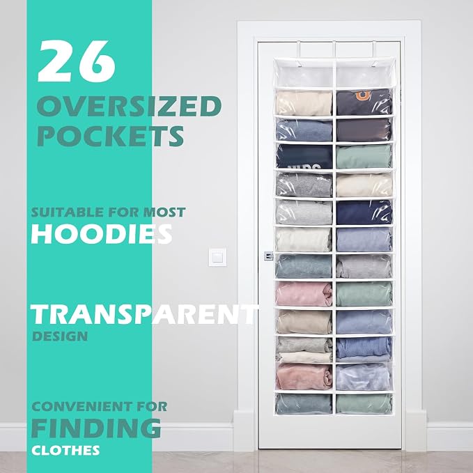 Over The Door Hoodie Organizer 26 Clear Pocket Sweatshirt Organizer with 3 Hooks Hanging Sweatshirt Hoodie Rack Holder Cabinet Behind The Doors for Dormitory Bedroom Closet Storage