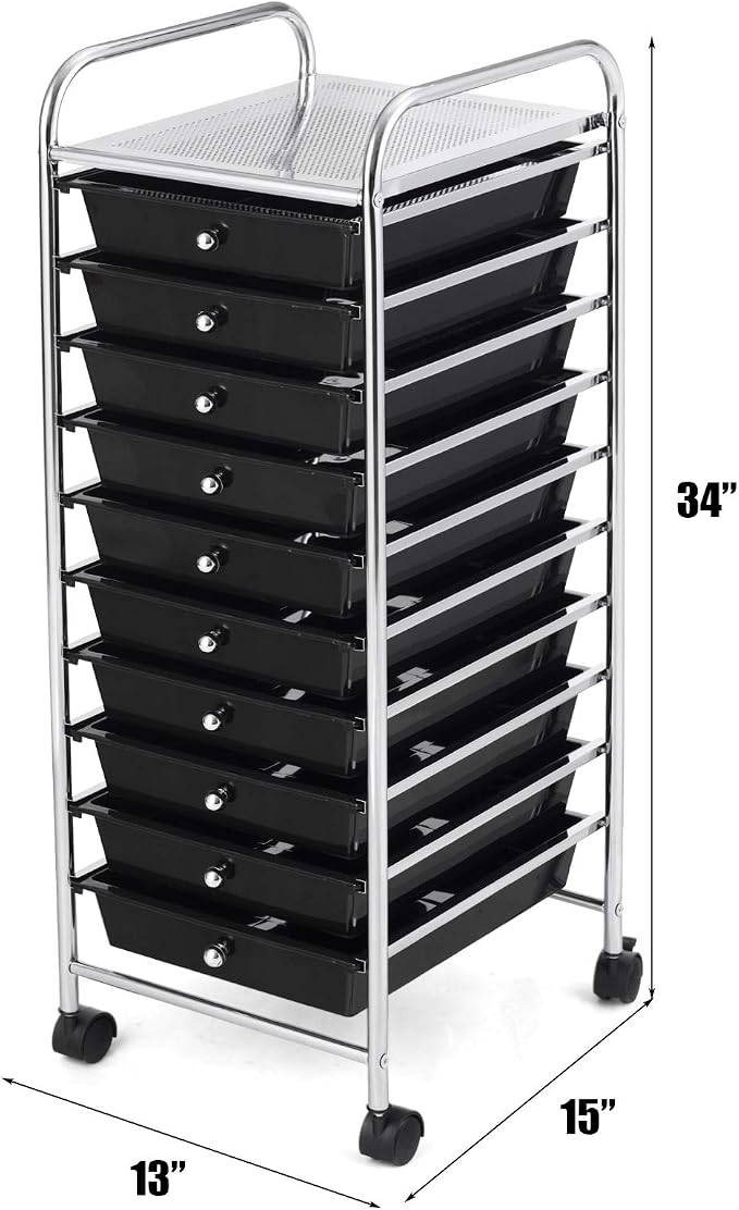 Happygrill 10-Drawer Storage Cart, Utility Cart with Removable Drawers & Metal Frame, Rolling Storage Cart with Lockable Wheels for Home, Office, Black