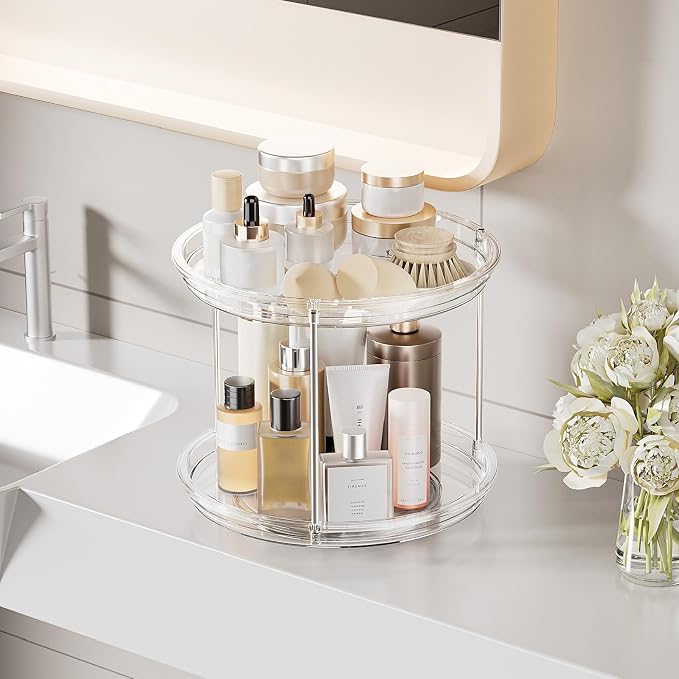360° Rotating Makeup Organizer 2 Tier 9" Clear Lazy Susan Turntable Skincare Perfume Organizer Bathroom Countertop Vanity Tray Space-Saving Cosmetic Storage for Dresser