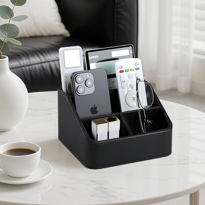 PU Leather Remote Control Holder, Nightstand Organizer with 4 Compartments | Luxury Desk Caddy with Velvet Lining, Small Desk Organizer for Living Room, Bedroom, Bedside, End Table, 6.8" x 6.7" x 4"