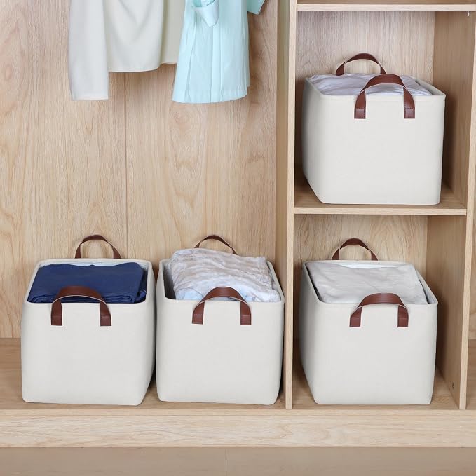 KEEGH Storage Baskets for Organizing Cube Storage 15 in, 4 Pack, White | Fabric Material, With Leather Handle, Closet Organization, Storage Bins for Living, Bedroom, Study