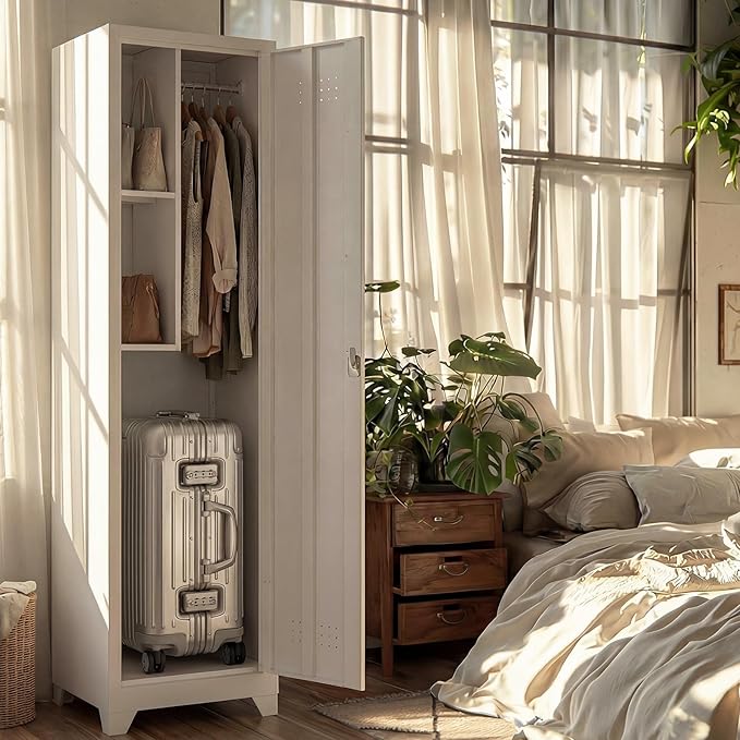 Slim Broom Storage Cabinets, Metal Cabinet with Shelves and Hanging Rod, 15.75" W Utility Storage Cabinet with Locking Door, Slim Cabinet for Small Spaces, Kitchen, Pantry, Office, Shop