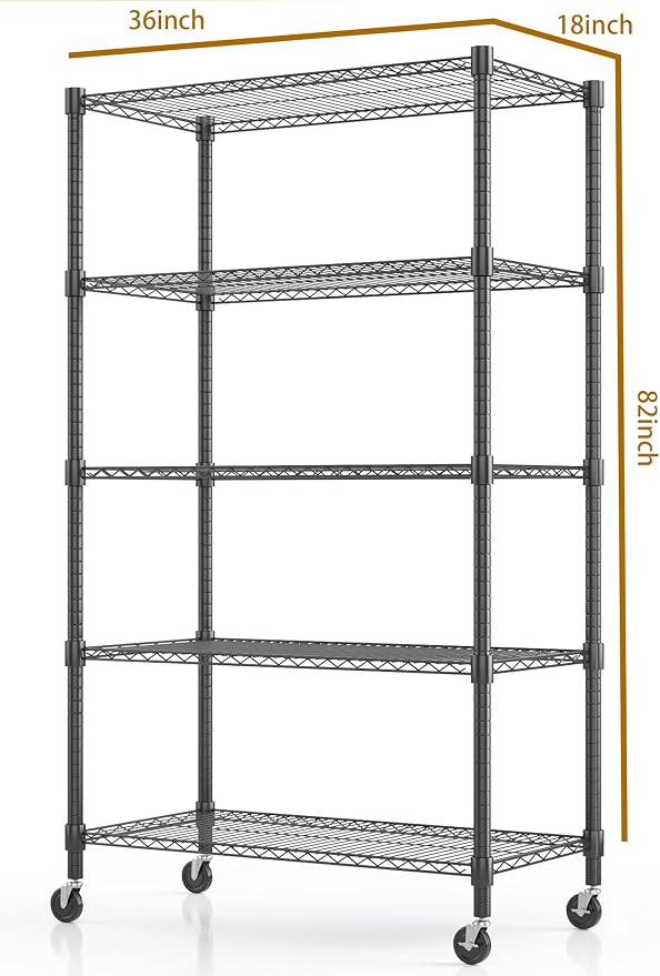 Himimi 5-Tier Heavy Duty Steel Wire Rack Storage Shelving, Adjustable Metal Storage Shelves with Wheels, 82''H Wire Shelf for Kitchen Garage Basement Pantry Organization, 18" D×36" W×82" H-Black