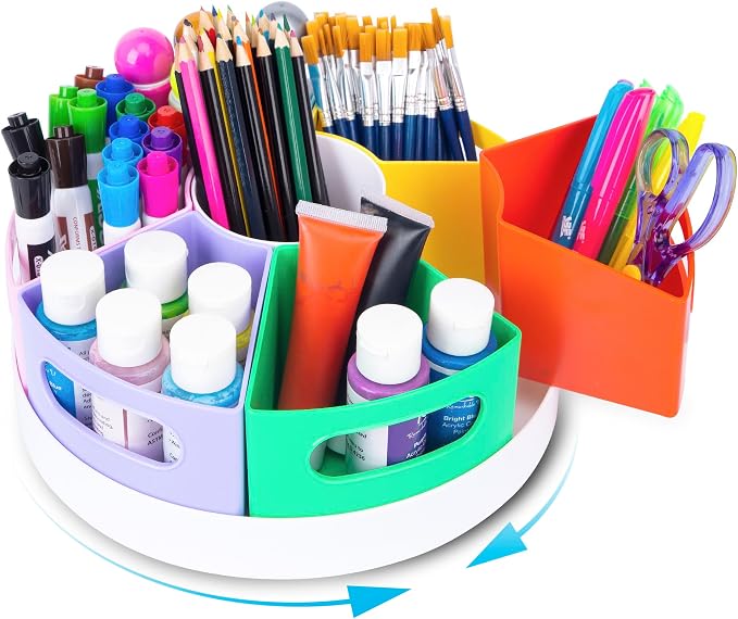 CraftGenes Art Supply Organizer, Extra Large 360 Degree Rotating Pencil Caddy with 7 Removable Compartments, Rainbow Marker Organizer and Craft Caddy for Kids, Teachers, Classroom, School