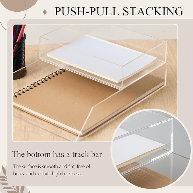 Novabright Acrylic Desk Organizer Letter Tray Set of 2, Tabletop Desktop File Holder for Storage Paper Letters Folders Notebooks, Clear Stackable Paper Tray for Office Copy Print