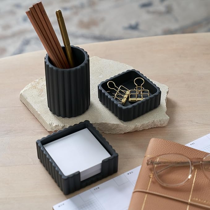 KIBAGA Modern Aesthetic Desk Accessories Set of 3 - Stylish Concrete Organizers for Pens & Office Supplies - A Cute and Functional Addition to Your Workspace Decor