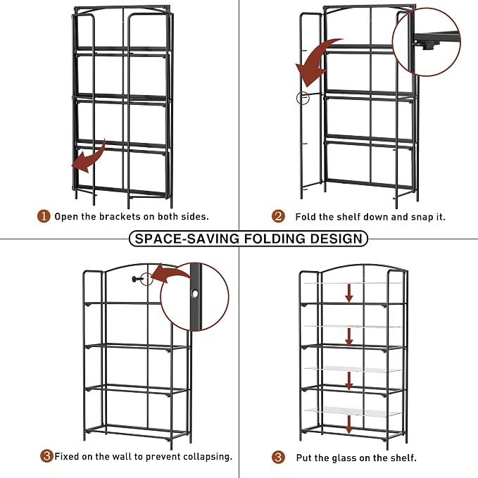 Crofy 4-Tier Wider Foldable Bookshelf, Black Frame & Transparent Shelves | No-Assembly Collapsible Portable Storage Organizer; Sturdy Transparent Shelves; Ideal for Living Room & Home Office