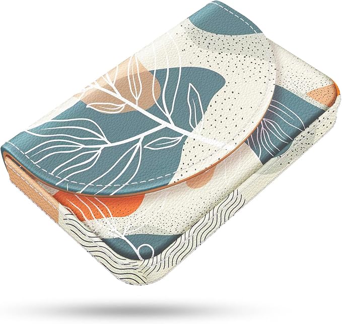 Business Card Holder，PU Leather Business Card Case Color Printing Pattern Card Holder Wallet，Pockets Magnetic Credit Card Holders for Men and Women，Bohemian Leaf