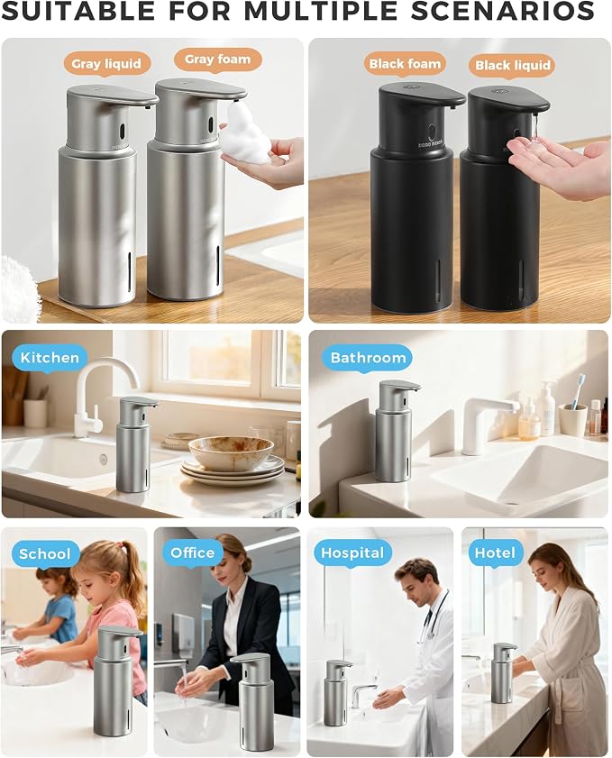 Automatic Liquid Soap Dispenser Touchless, 304 Stainless Steel Bottle Body | 16.2oz/480ml Rechargeable Dish Soap Dispenser, 3 Adjustable Liquid Levels, IPX7 Waterproof, for Kitchen Bathroom