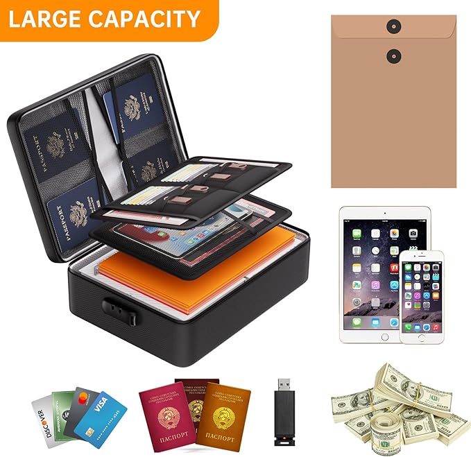 DocSafe 5200°F Document Organizer with Lock, Heat Insulated Fireproof Box | Upgraded 8 Layers File Storage Protection,Water-Resistant,Portable Home Travel Safe for Important Documents and More,Black