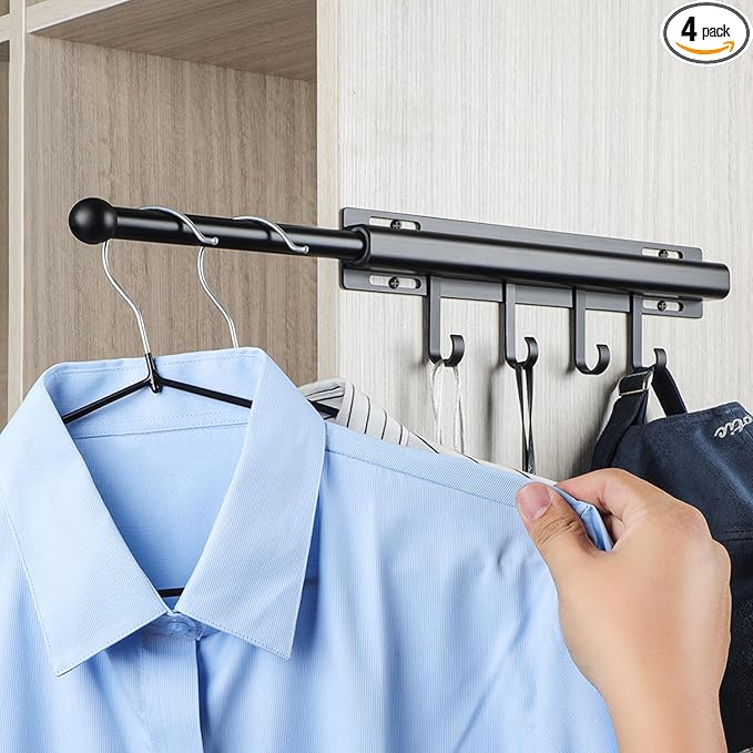 BaiNong Valet Rod for Closets Pull Out 12" Black with 4 Hooks | Closet Valet Rod Slide Out for Closets, Laundry Rooms, RVs Space-Saving