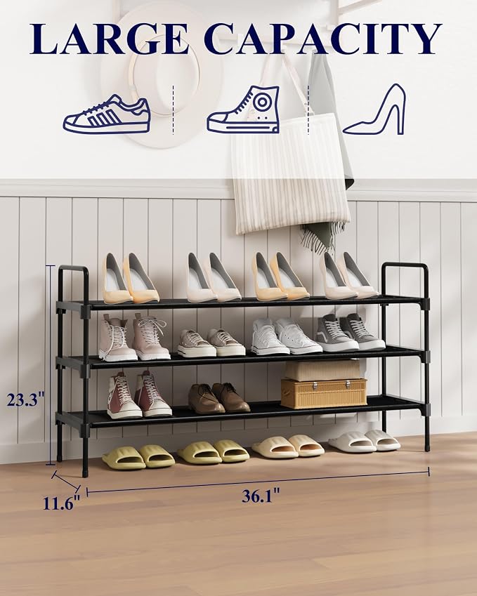 Kitsure Shoe Rack for Closet, Shoe Organizer for Front Door Entrance, Stackable Shoe Shelf, Detachable Closet Organizers and Storage, 36.1" Wide - 3 Tiers, Black | Closet, Front Door Entrance, Entryway, Stackable & Detachable Shelf, Closet Organizers a...