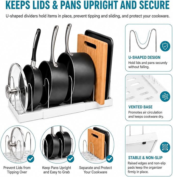 Pot Rack:Expandable Pan Organizer for Cabinet,Pot Lid Holder with 6 Adjustable Compartment for Kitchen Cabinet Cookware Baking Frying Rack,Apricot