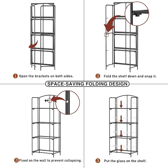 Crofy 4-Tier Foldable Bookshelf, Black Frame & Transparent Shelves | No-Assembly Collapsible Portable Storage Organizer; Sturdy Transparent Shelves; Ideal for Living Room & Home Office