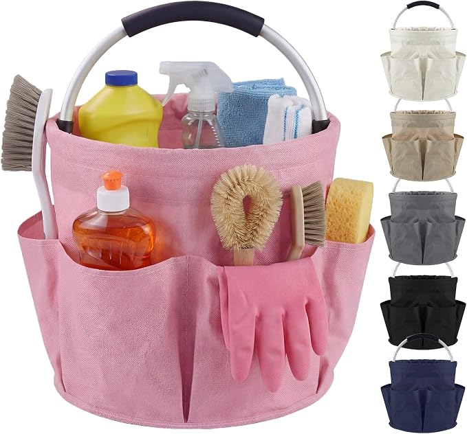 Cleaning Caddy with Handle, 17L Cleaning Supplies Organizer, Pink | 600D Oxford Fabric Storage Basket with 6 Pockets, Multifunctional Bucket Bag for Picnics, Camping, Gardening, Bathing