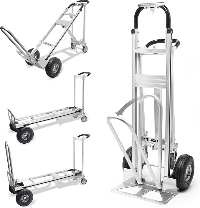 Vergo Industrial Convertible Hand Truck - AS7A2 Heavy Duty Aluminum 3 in 1 Dolly (750 lb Capacity) Lightweight Frame, Ergonomic Handle, Extendable Loop, Versatile Moving Cart (3 Positions, 53" High)