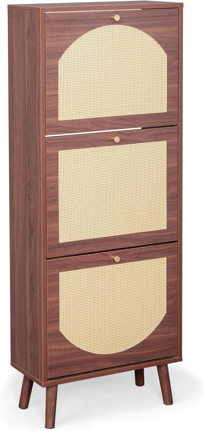 Karl home Brown Rattan Shoe Cabinet, 3-Tilt-Out Entryway Storage Organizer | Hidden Shoe Rack with 3 Tilt-Out Compartments for Heels, Slippers and Casual Shoes, Space Saving Entryway Furniture