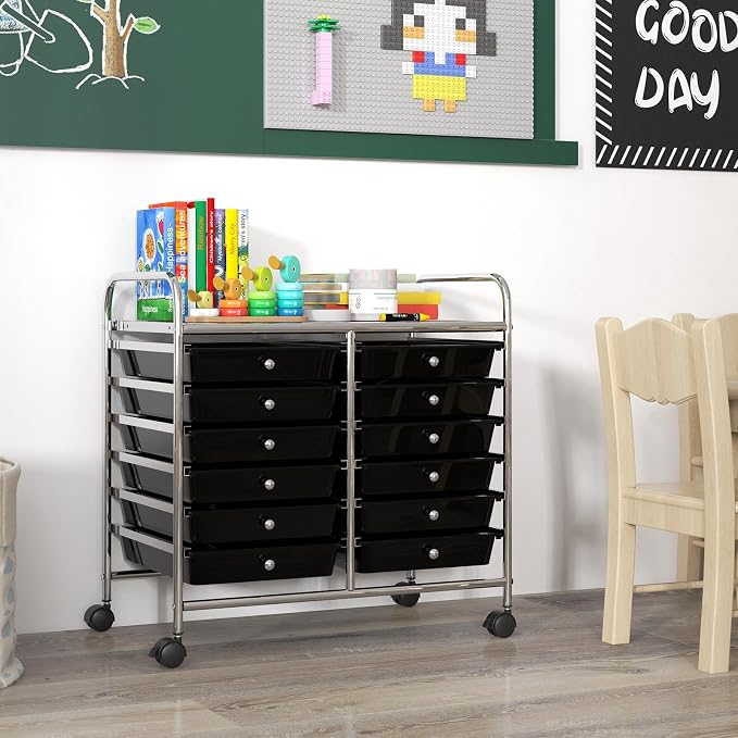 LDAILY 12 Drawer Rolling Storage Cart, Craft Cart Organizer on Wheels w/Metal Frame, Large Capacity & Smooth Drawer, Rolling Cart w/Drawers for Classroom, Office