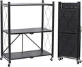 COKIHOM 3-Tier Folding Shelf, No Assembly Metal Shelving Unit with Wheels, Heavy Duty Folding Bookshelf, Space Saving Foldable Storage Shelf for Kitchen, Books, Pantry, Bathroom Organization