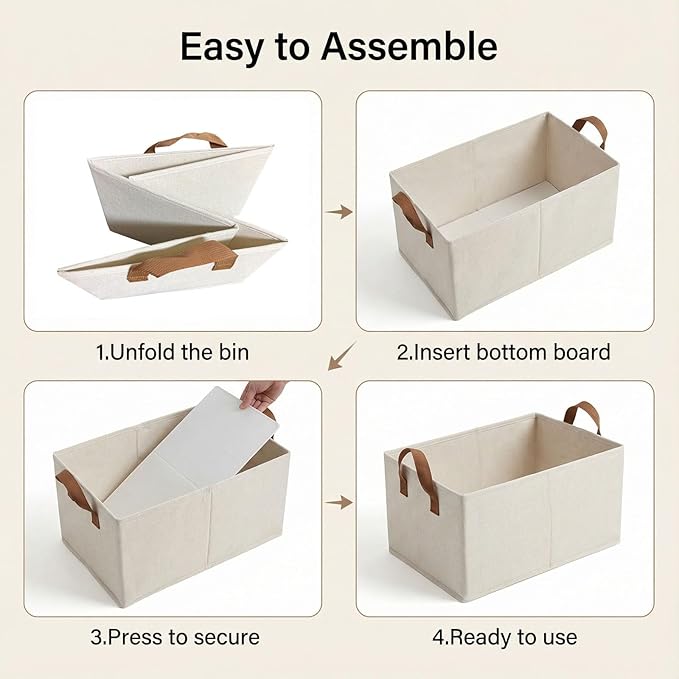3 Pack Storage Bins Fabric Collapsible Organizers with Handles Sturdy Canvas with PP Board 17.9”x 11”x 7.9” Beige Foldable Storage Box for Closet Shelves, Books, Toys, Clothes, Office Organization