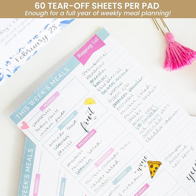 bloom daily planners Weekly Meal Planning Pad - Magnetic Hanging Refrigerator Menu Planner with Tear-Off Sheets & Perforated Grocery Shopping Lists - 6” x 9” (Pink & Teal)