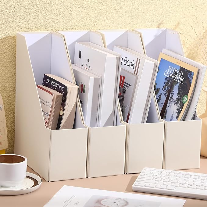 Feifeiya Magazine Holder Set of 6 Sturdy Cardboard Magazine File BOY7116 Beautiful Desk Book Organizer and Storage Box for Documents, Magazines Holder Rack for Shelf Home Office Classroom(Beige)